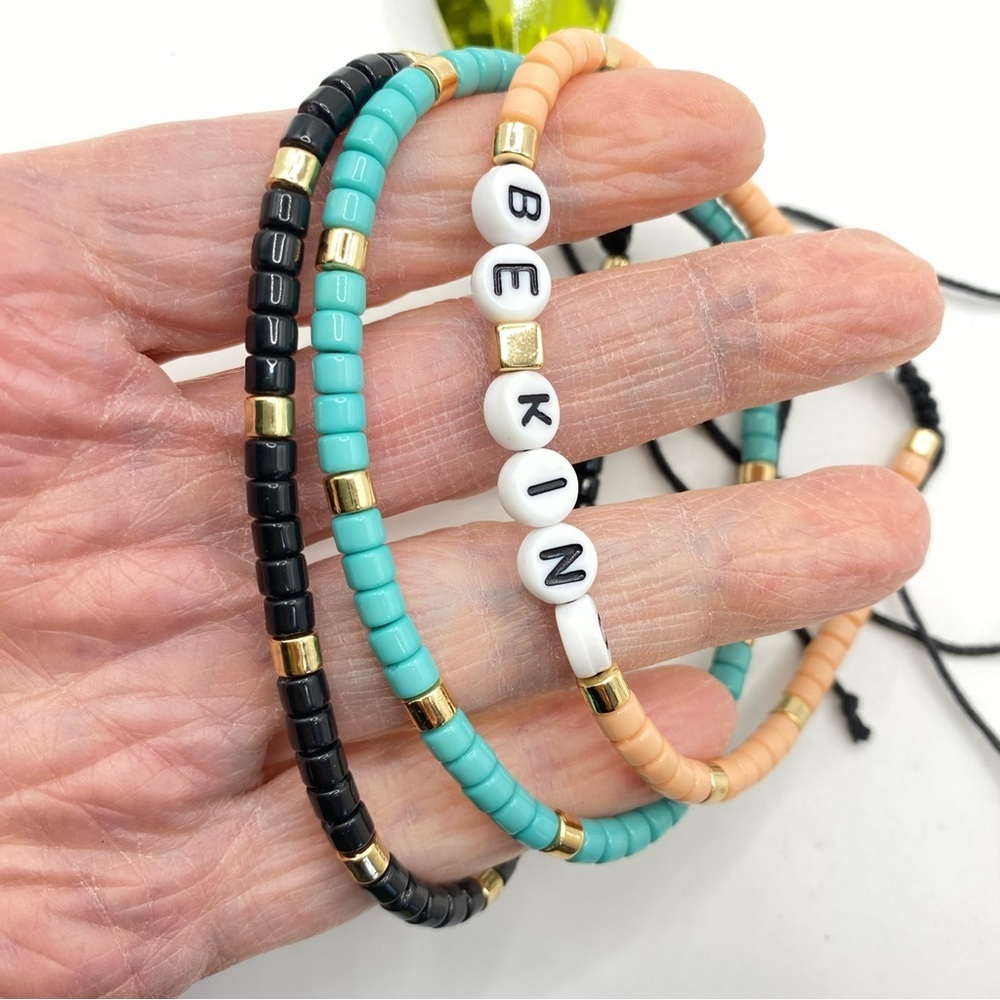 PLUNDER Bead Anklets/Bracelets Set Of 3 "Be Kind" Gold Black Turquoise Macrame